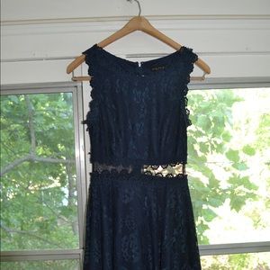 Knee-Length Navy Lace Dress with Mesh